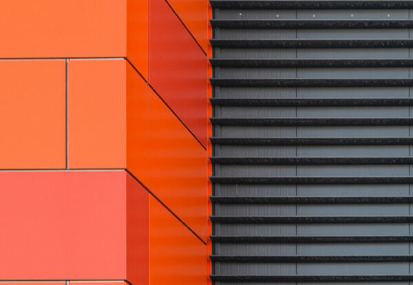 Modern facade of composite panels, view from outside. Abstract architecture background