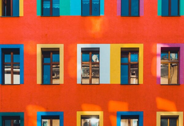 beautiful colorful facade at berlin with light leaks on the building